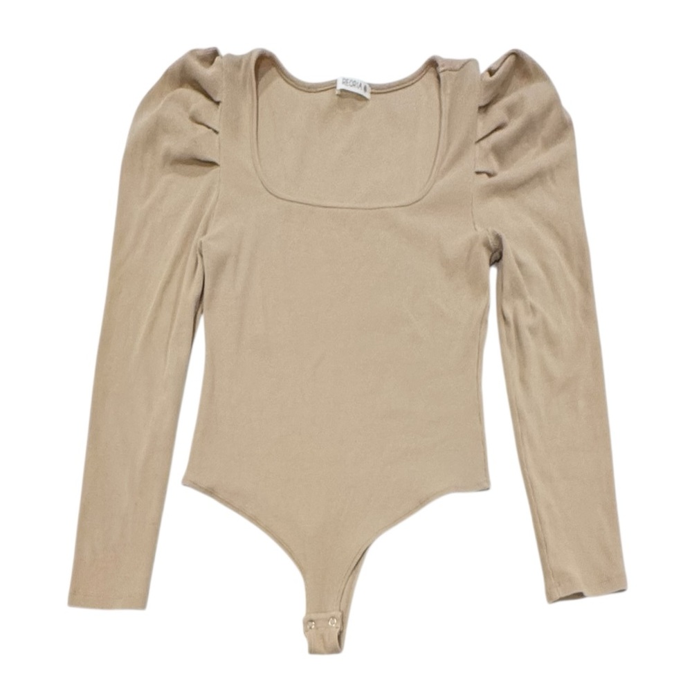 REORIA Ribbed Stretchy Long Puff Sleeve Neutral Thong Bodysuit XL